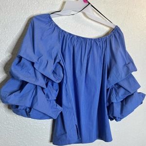 Zara off the shoulder striped tiered sleeves blue white blouse top S